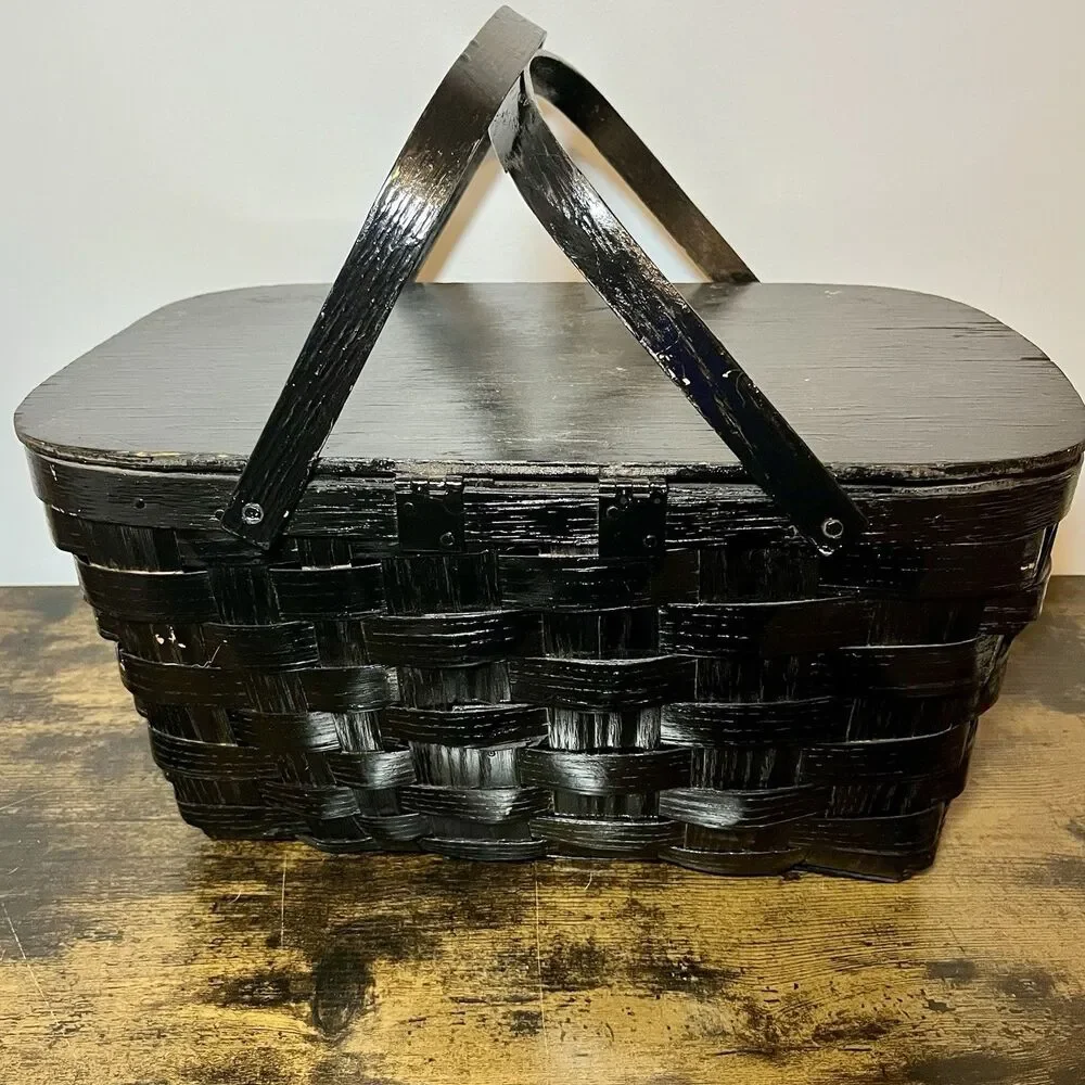 Vintage Woven Wood Picnic Basket w Lid Black Farmhouse Rustic Storage Basket